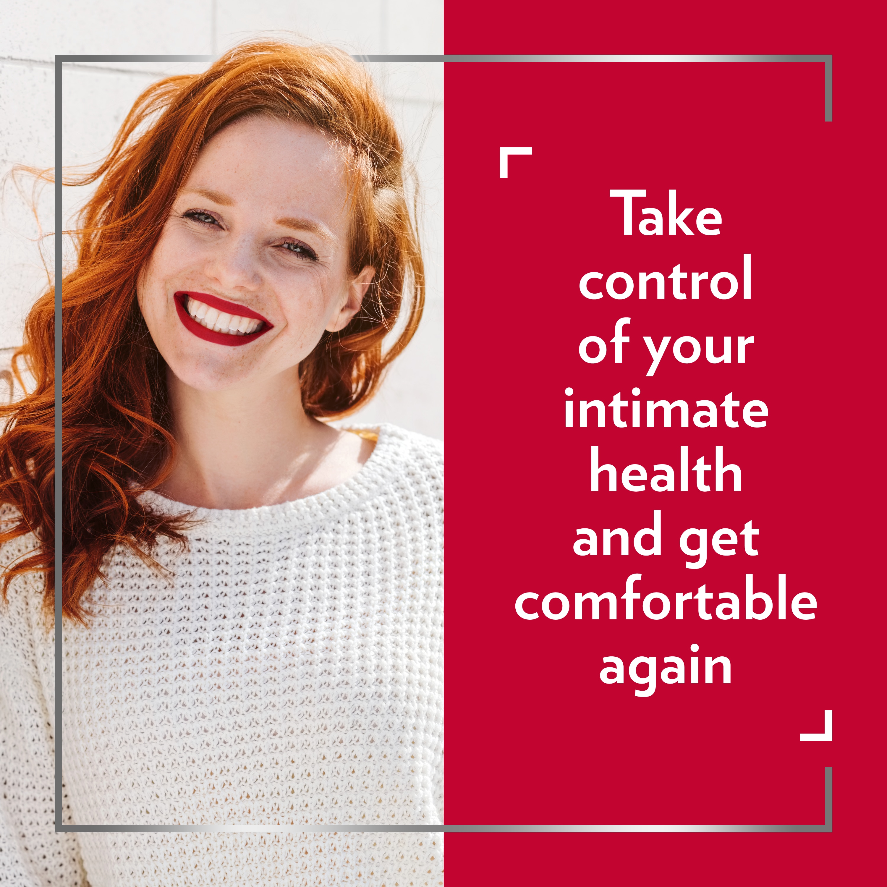 Smiling red-haired woman saying take control of your intimate health and get comfortable again