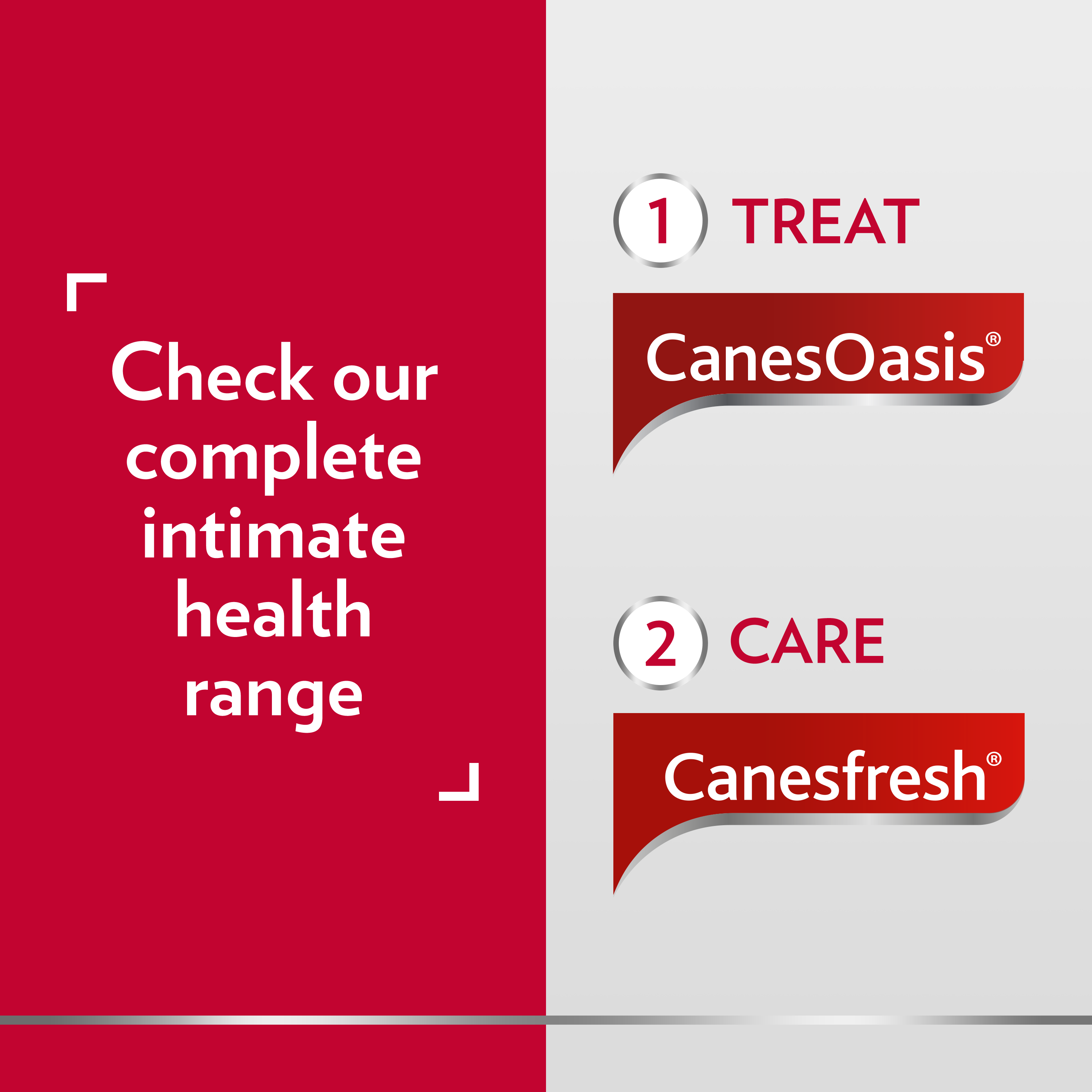 poster with caption Try our complete intimate health range and the text Treat the symptoms with CanesOasis, Care with Canesfresh