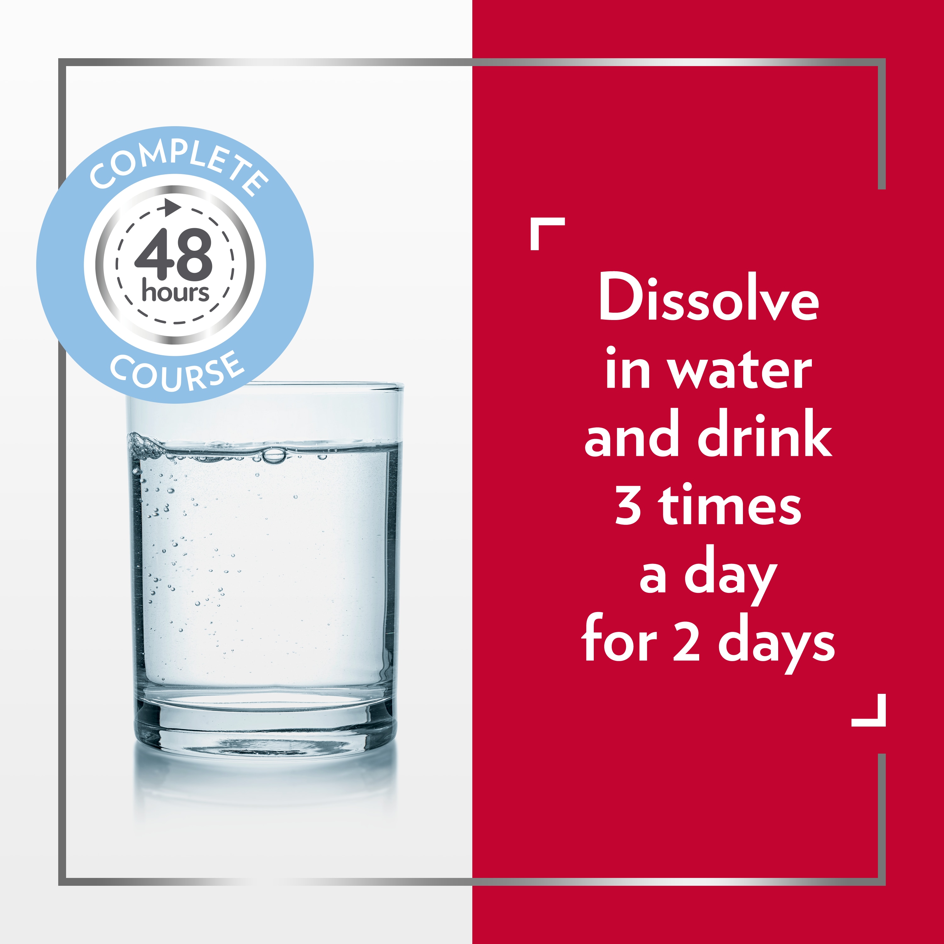 Glass of water with the caption dissolve in water and drink 3 times a day for 2 days.