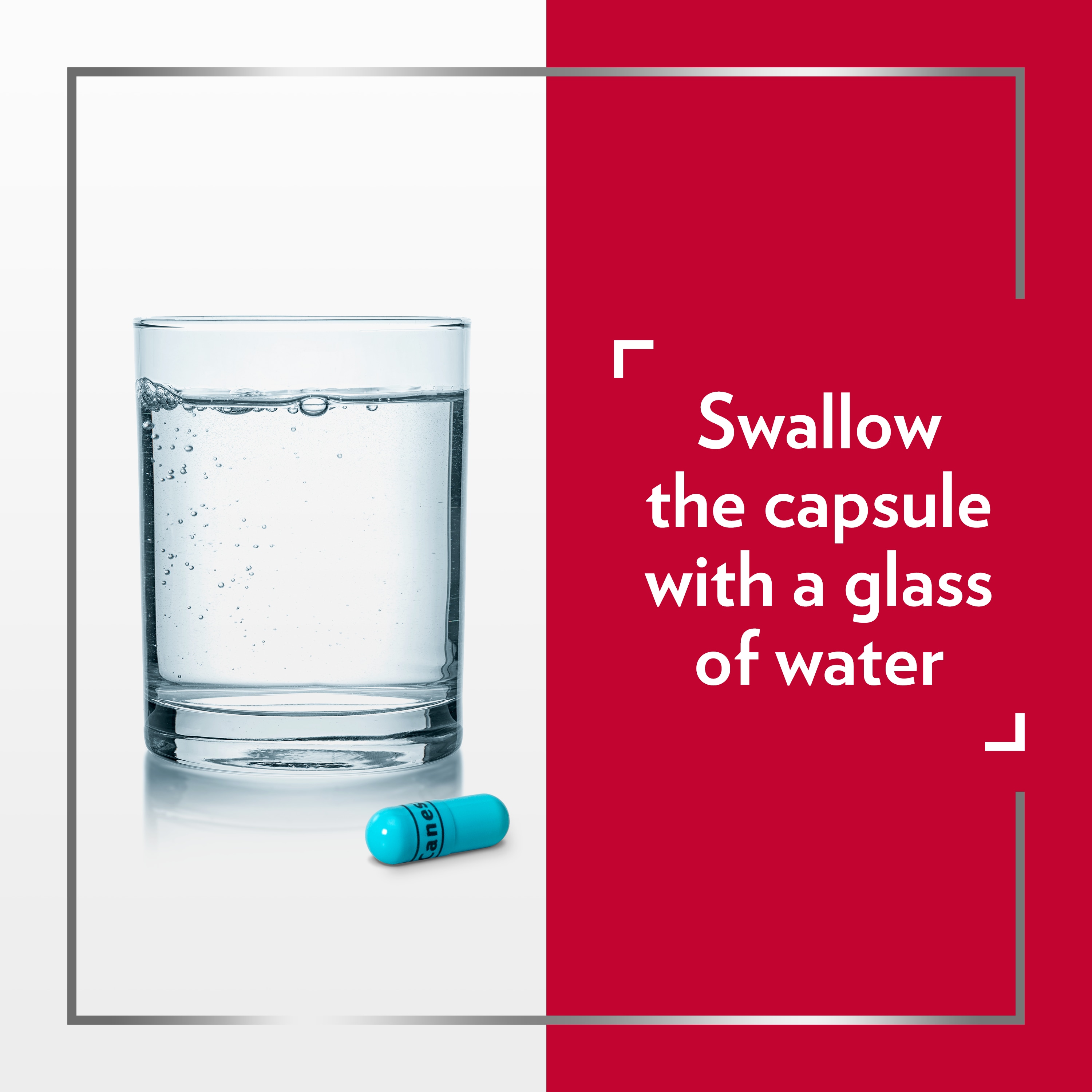 Glass of water with Canesten capsule lying next to it and the caption Swallow the capsule with a glass of water