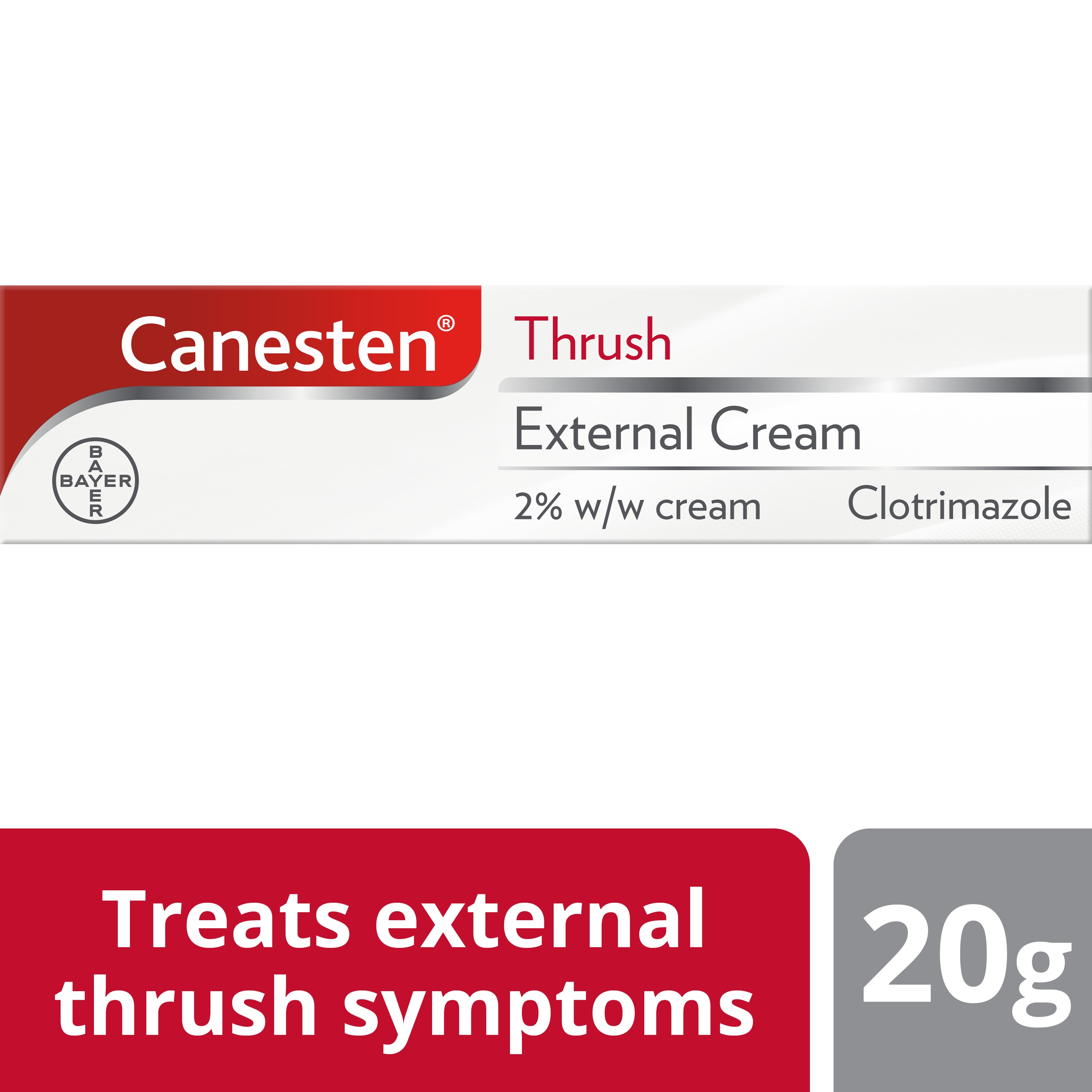 Hero image of Canesten Thrush External Cream  with bottom caption, treats external thrush symptoms 20g