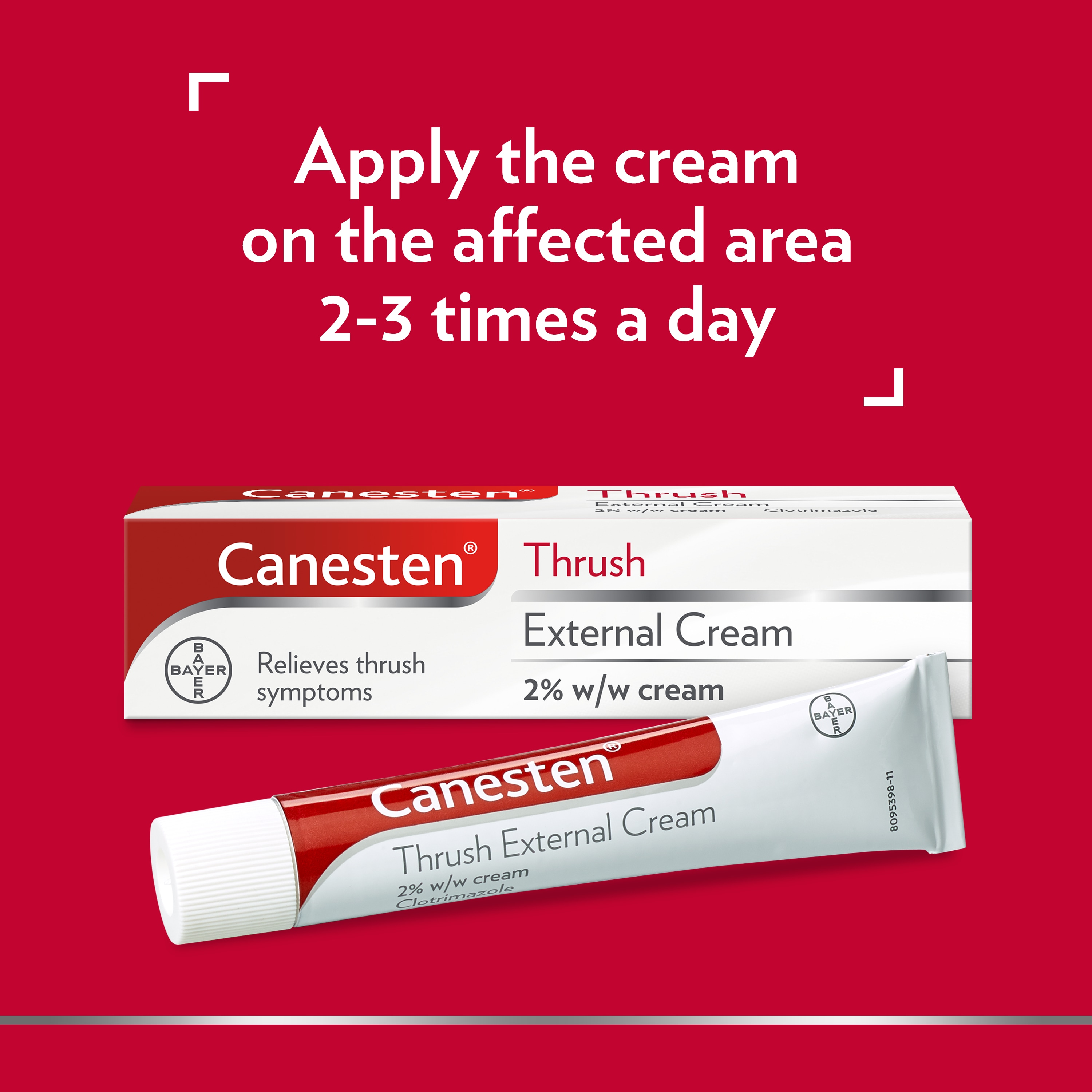 Canesten Thrush External Cream, with the caption apply the cream to the affected area 2-3 times a day