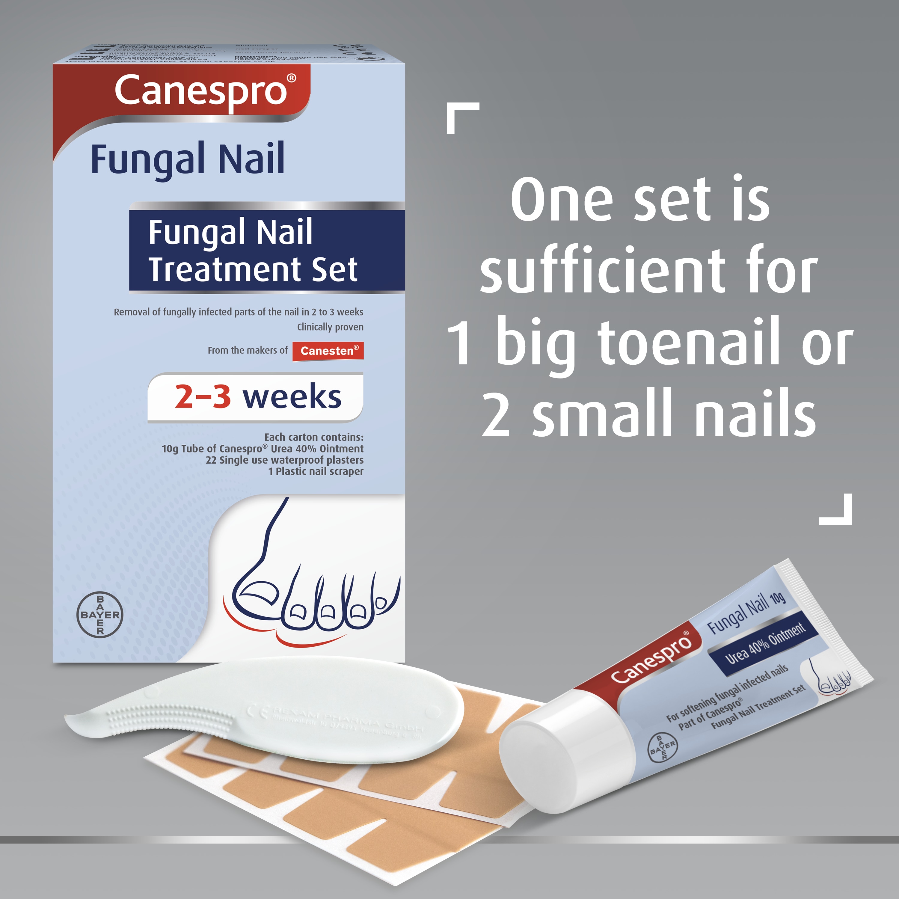 Canespro fungal nail treatment set boxes, with caption one set is sufficient for one big toenail or 2 small nails