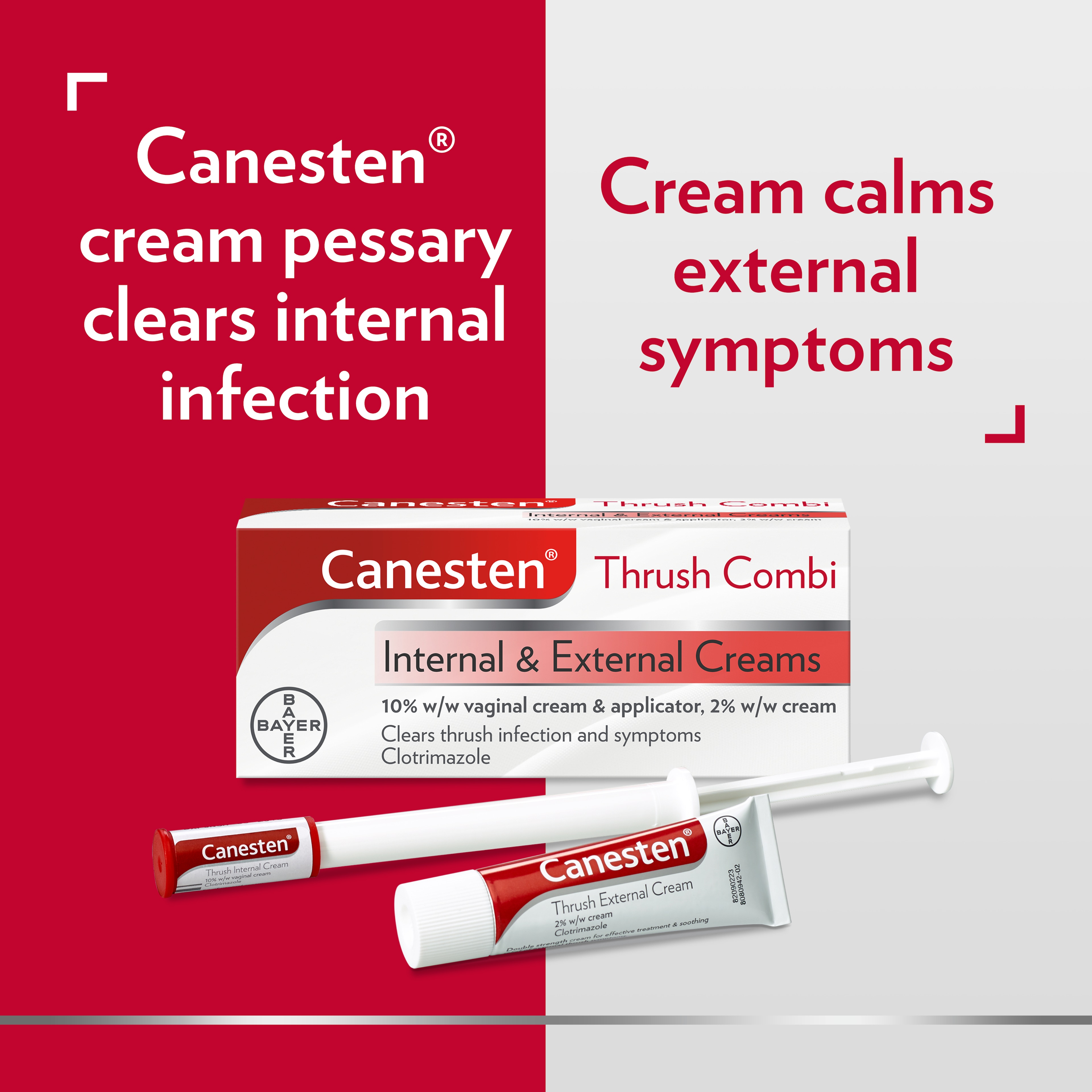 Canesten Thrush Combi Internal and External Creams with the caption Canesten vaginal cream pessary clears internal infection, and cream calms external symptoms