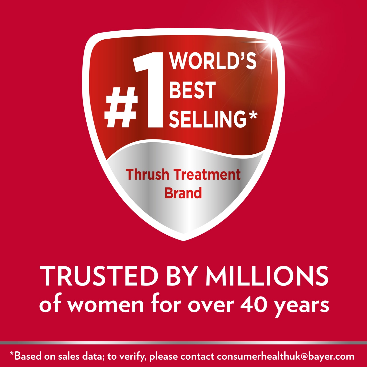 Canesten badge: #1 UK’s best-selling Thrush Treatment Brand# and caption Trusted by women for over 40 years  #To verify, please contact consumerhealthuk@bayer.com