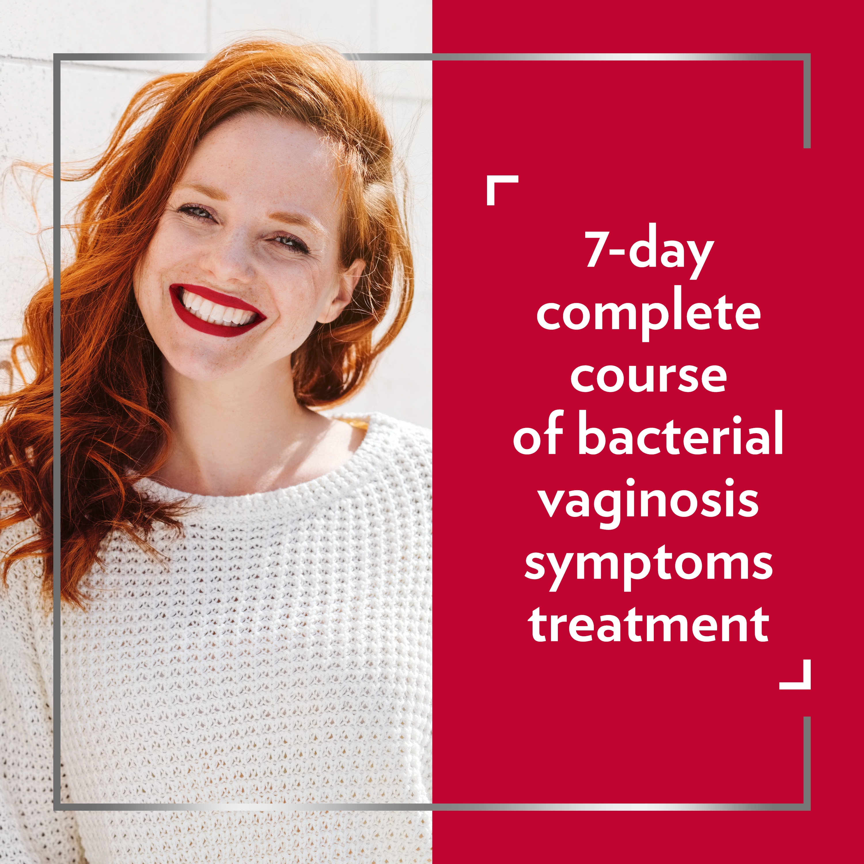 Smiling red-haired womansaying 7 day complete course of bacterial vaginosis symptoms treatment