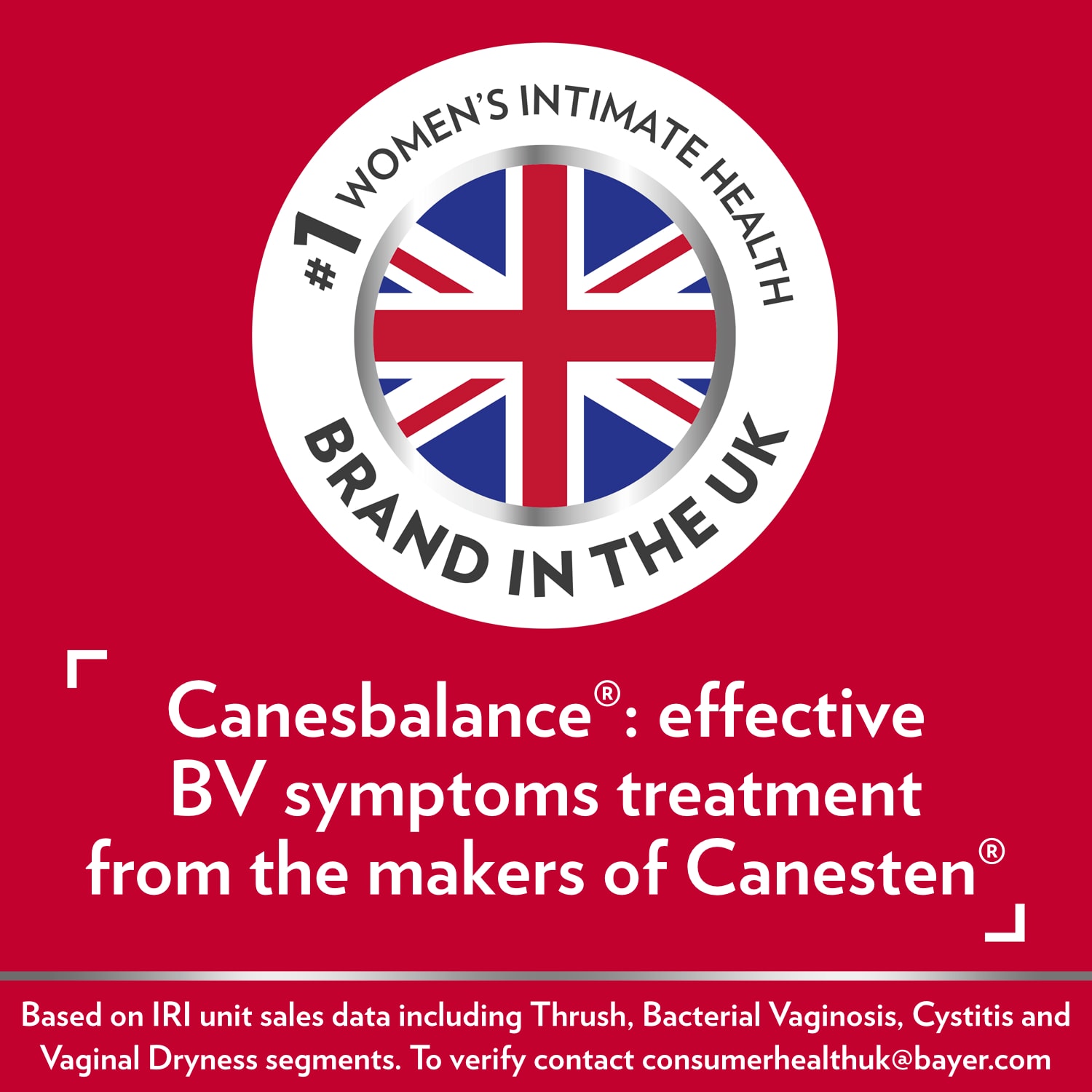 poster with #1 Women’s Intimate Health Brand in the UK* badge and caption Canesbalance®: effective BV symptoms treatment from the makers of Canesten®.