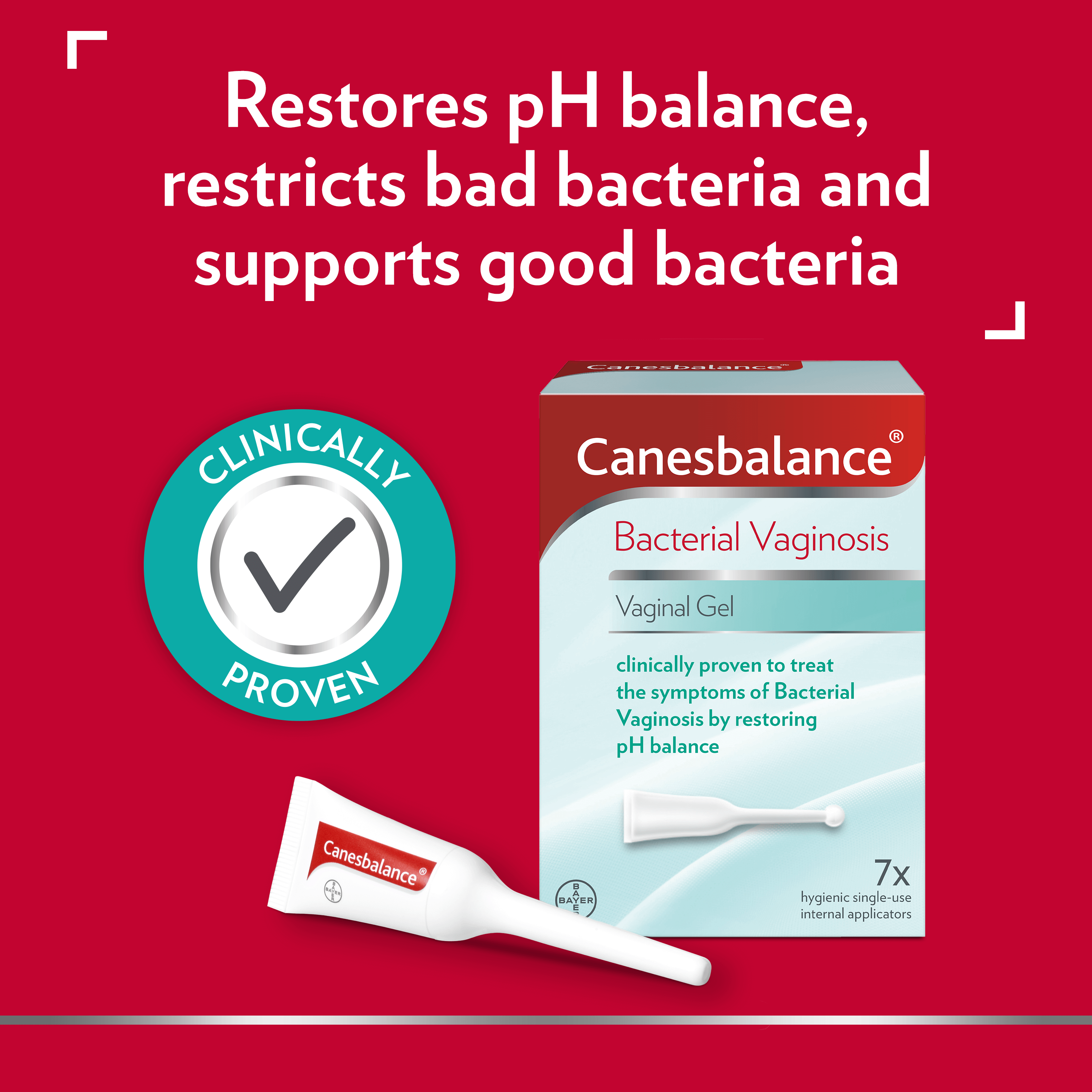 Canesbalance BV vaginal gel treatment with Clinically Proven badge and the caption restores pH balance, restricts bad bacteria and supports good bacteria.