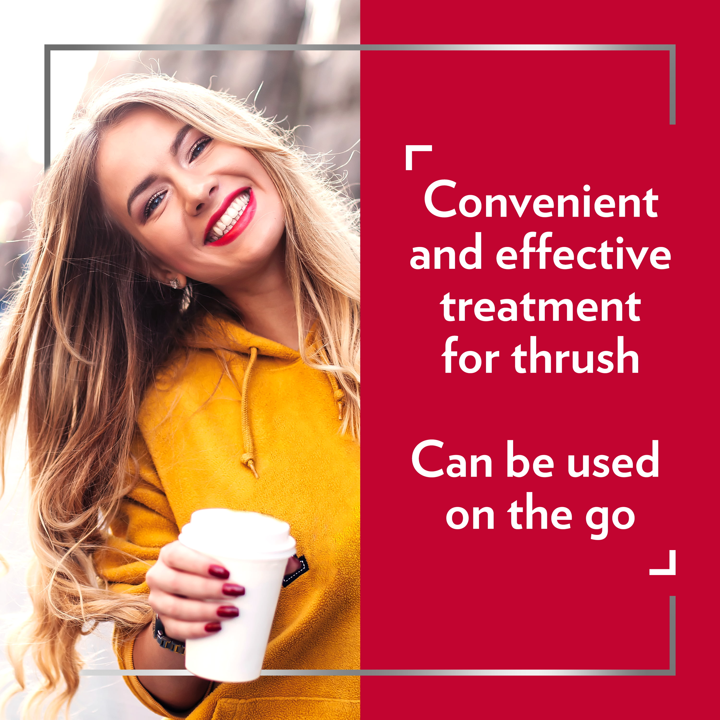Happy young woman in yellow hoodie holding paper coffee cup, withthecaption Convenient and effective treatment for thrush. Can be used on the go