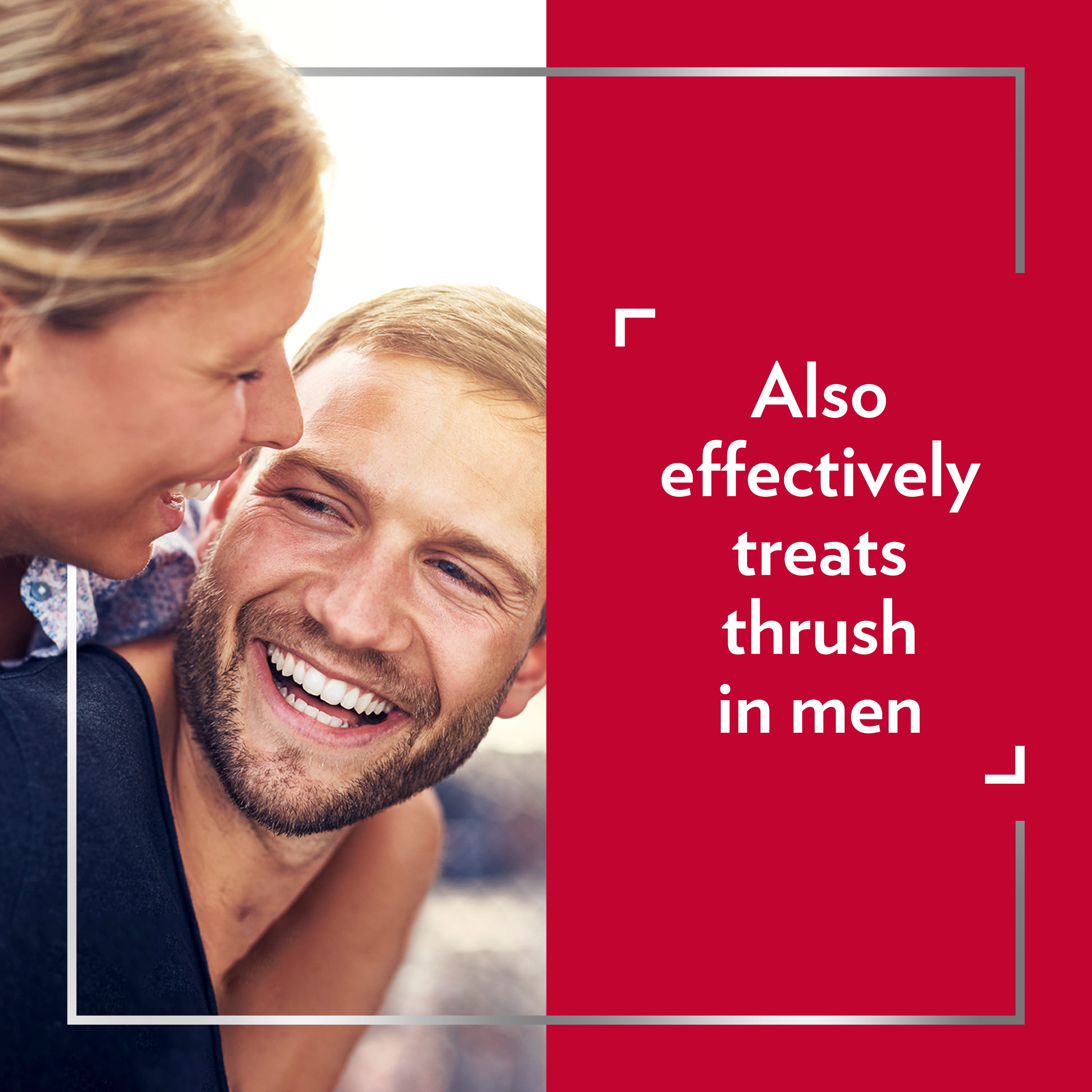 Smiling young couple having great time, happy after Canesten thrush treatment, with the caption Also effectively treats thrush in men