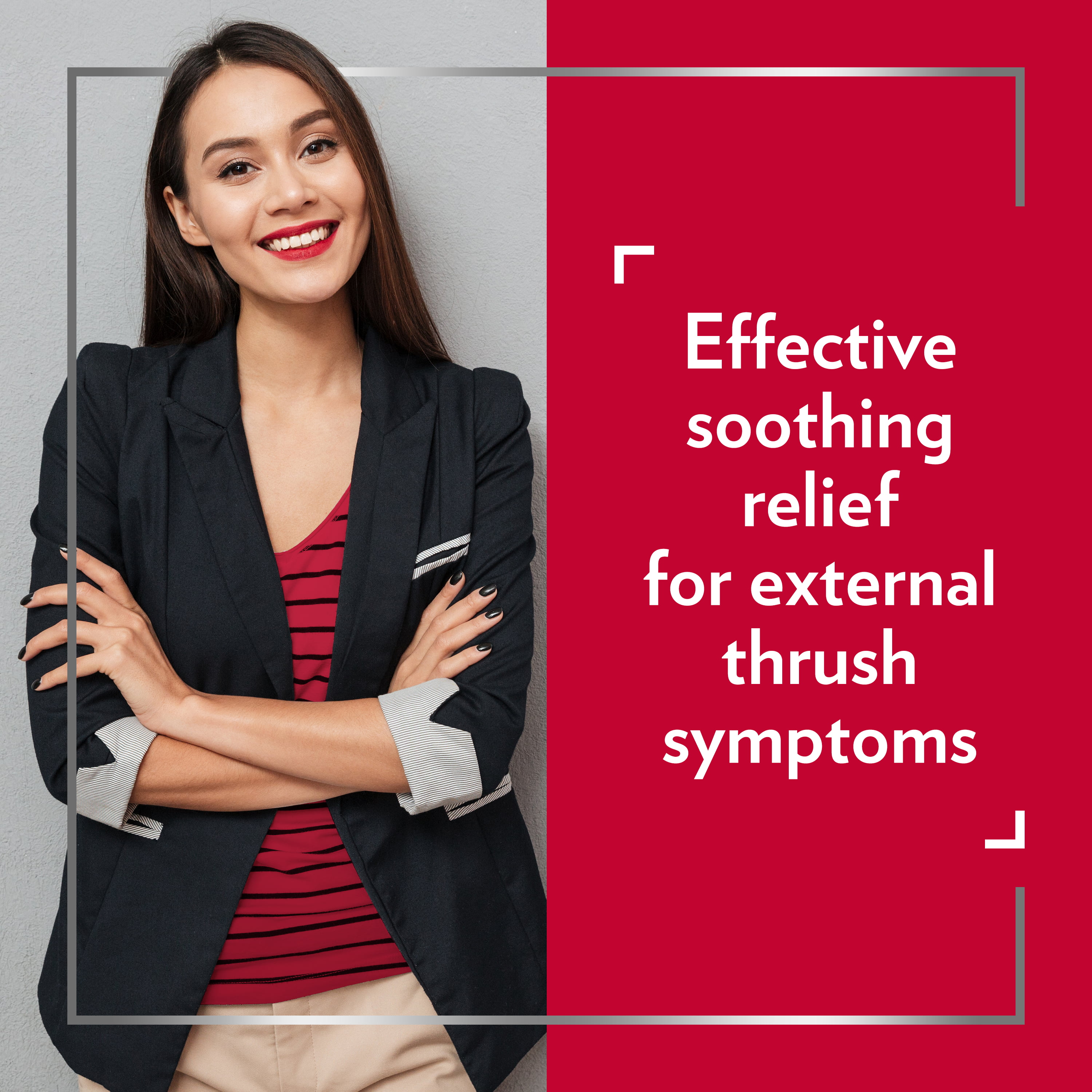 Smiling young woman wearing smart clothes with her arms crossed, happy after Canesten treatment, with the caption Effective soothing relief for external thrush symptoms.