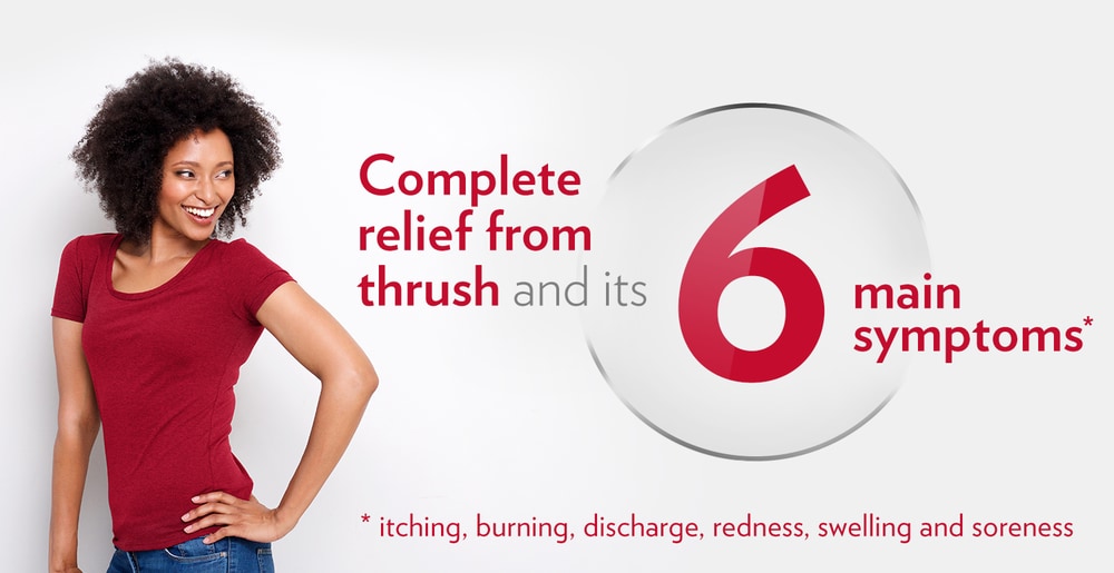 Smiling young woman wearing red T-shirt, happy after Canesten's treatment and complete relief from thrush and its 6 main symptoms